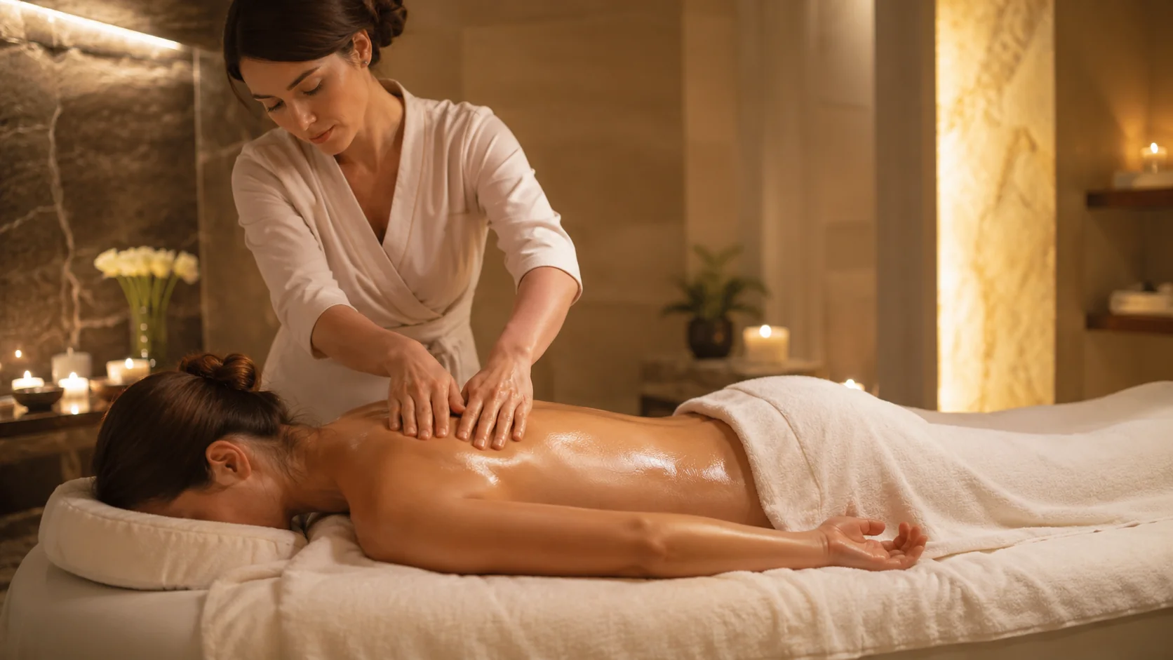 Terapeuta realizando masaje relajante en ambiente premium — experiencia completa, Spazio Barcelona